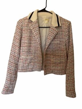 Maeve Pink Tweed Blazer with Cream Ribbed Collar and Navy Trim